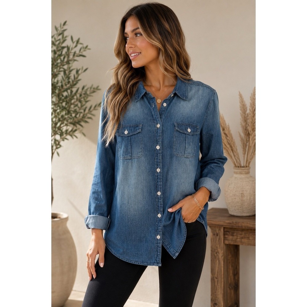 Ellison Chambray Denim Button Down Shirt Women's Medium Blue Cotton‎